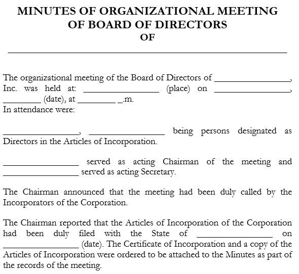 minutes of organizational meeting of board of directors
