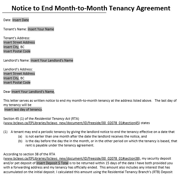 notice to end month to month tenancy agreement