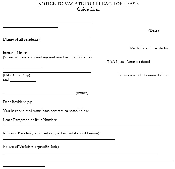 notice to vacate for breach of lease