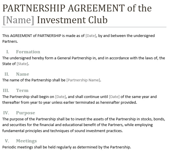 partnership agreement of the investment club