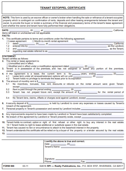 printable estoppel certificate form 12