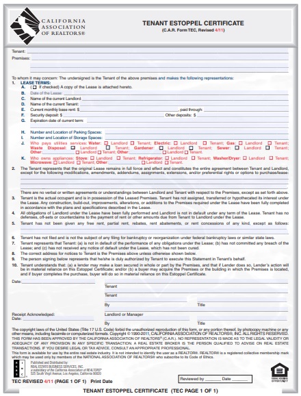 printable estoppel certificate form 5