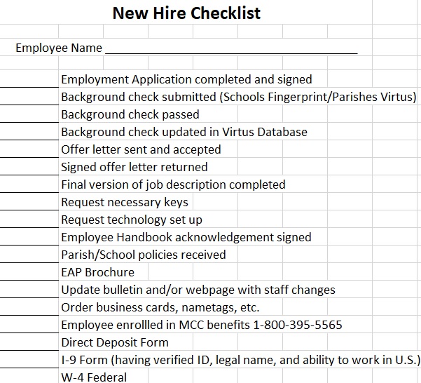 printable new hire checklist template