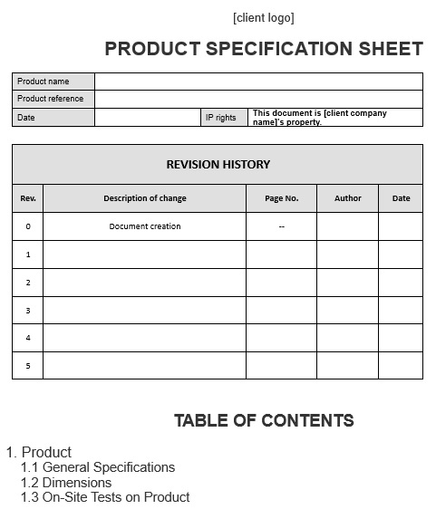 product specification sheet