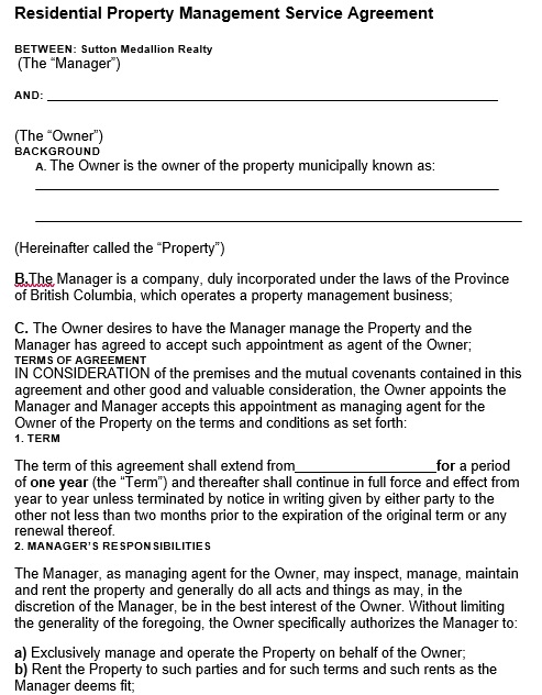 residential property management service agreement template