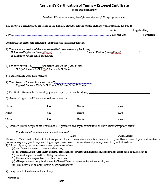 residents estoppel certificate form