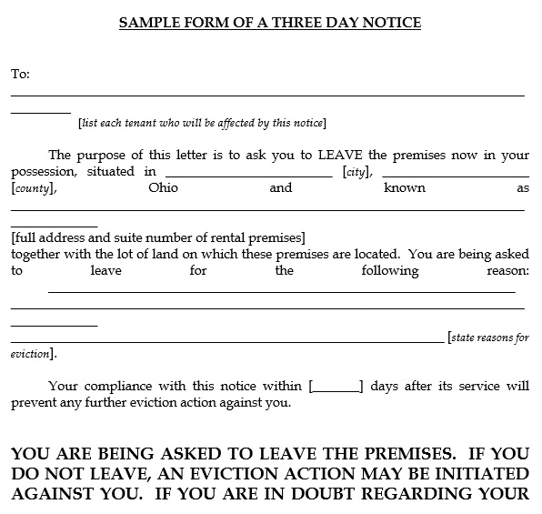 sample form of a three day notice