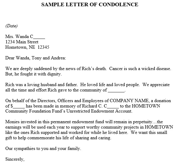 sample letter of condolence from company