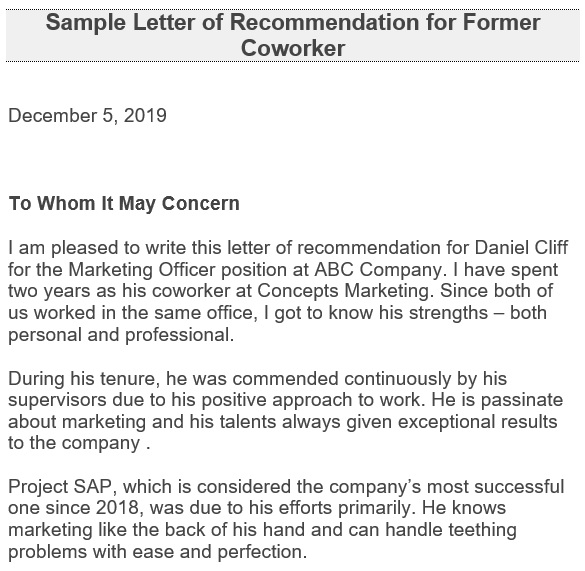 sample letter of recommendation for former coworker