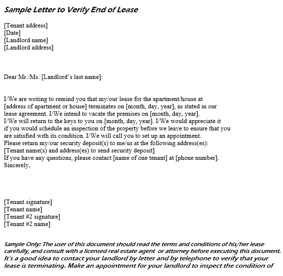 sample letter to verify end of lease