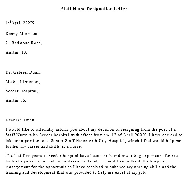 staff nursing resignation letter template