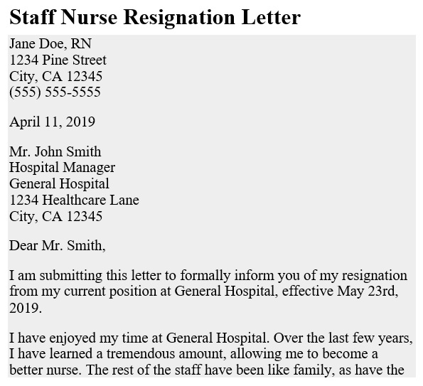 staff nursing resignation letter