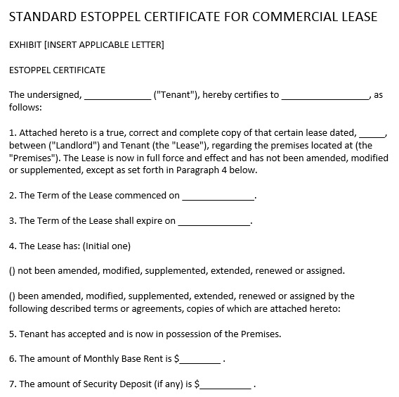 standard estoppel certificate for commercial lease form