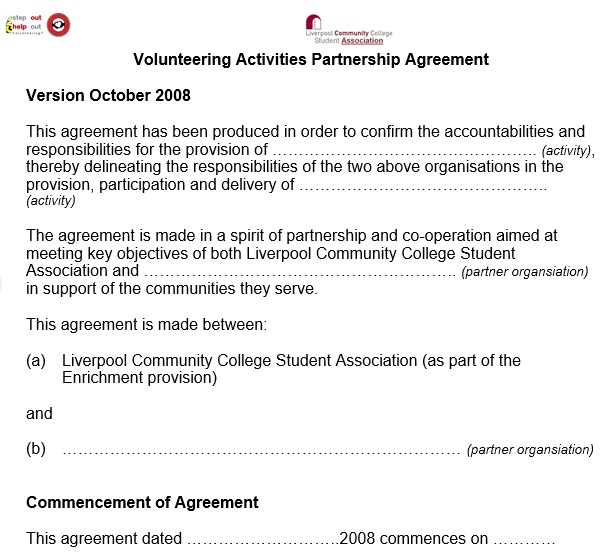 volunteering activities partnership agreement template