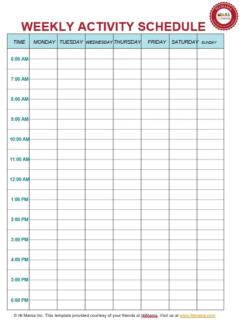 weekly activity schedule template