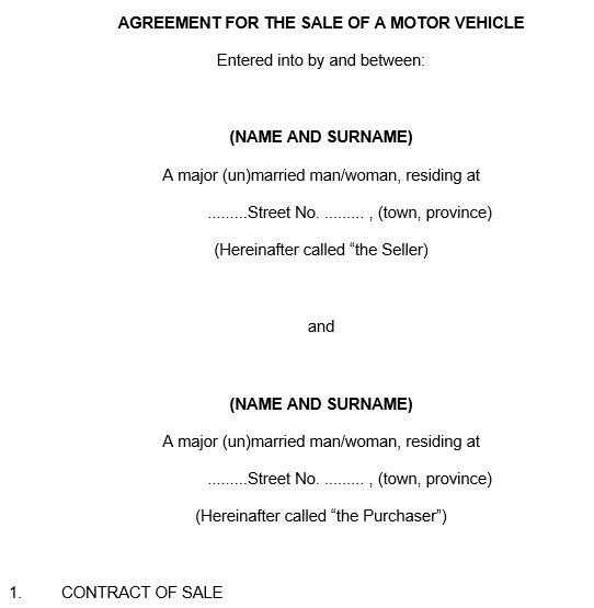 agreement for the sale of a motor vehicle