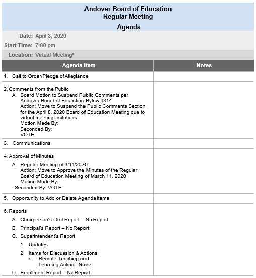 andover board of education regular meeting agenda template