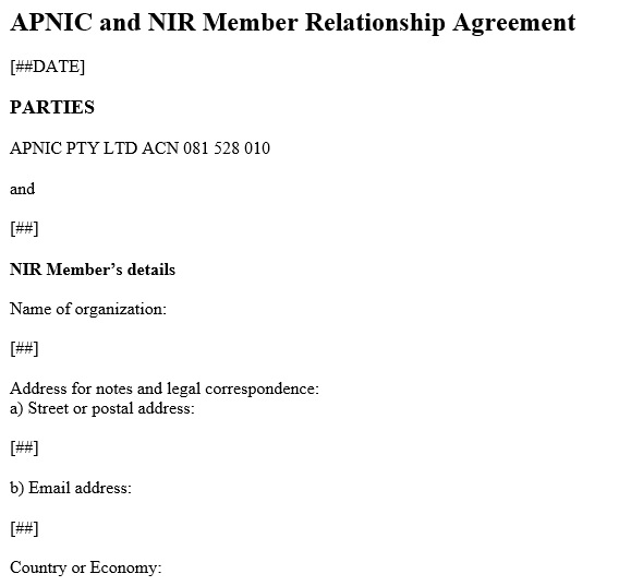 apnic and nir member relationship agreement template