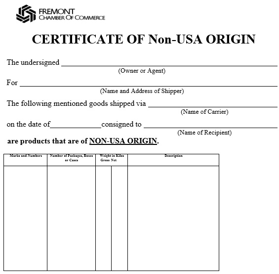 blank certificate of origin template