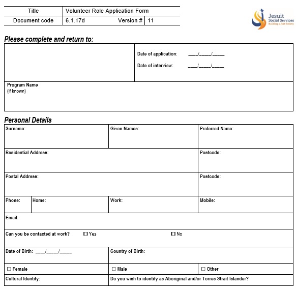 blank volunteer application form