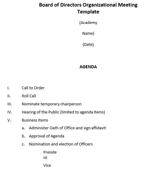 board of directors organizational meeting template