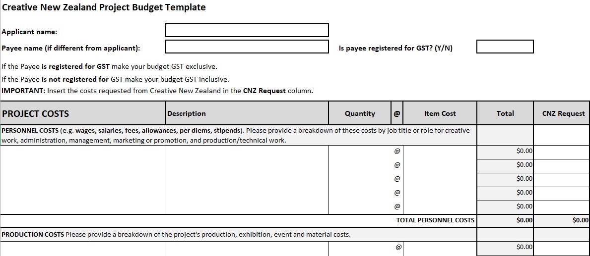 creative new zealand project budget template
