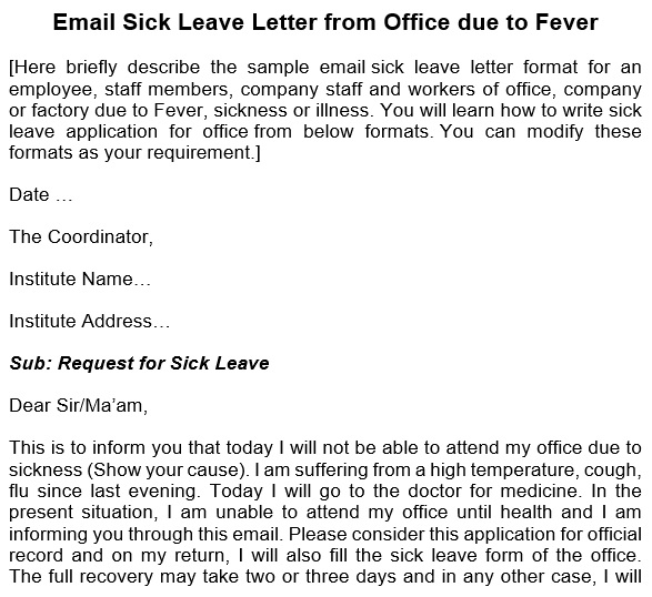 email sick leave letter from office due to fever