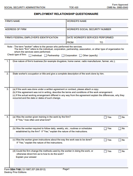 employment relationship questionnaire