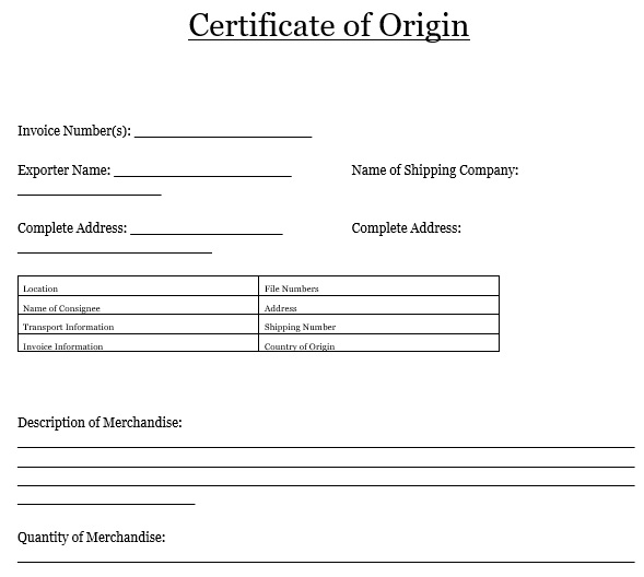 fillable certificate of origin template