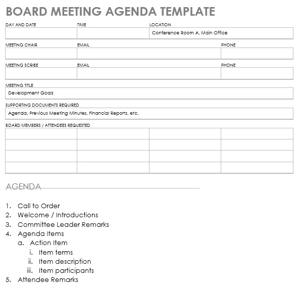 free board meeting agenda template 3