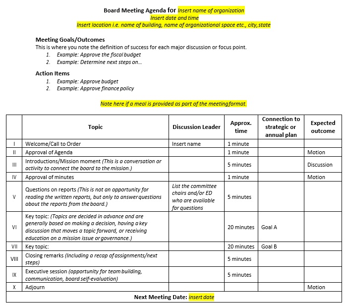 free board meeting agenda template 6