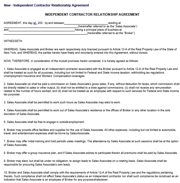 independent contractor relationship agreement template