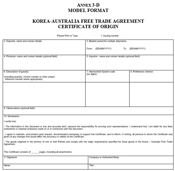 korea australia free trade agreement certificate of origin