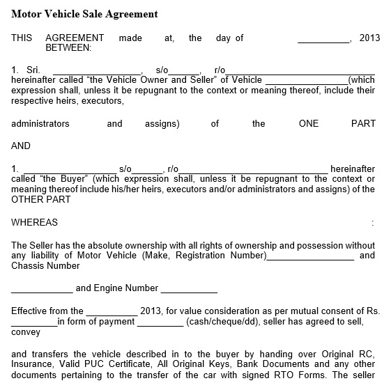motor vehicle sale agreement template
