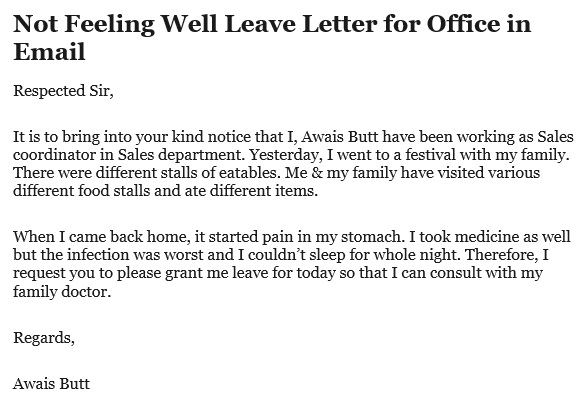 not feeling well leave letter for office in email