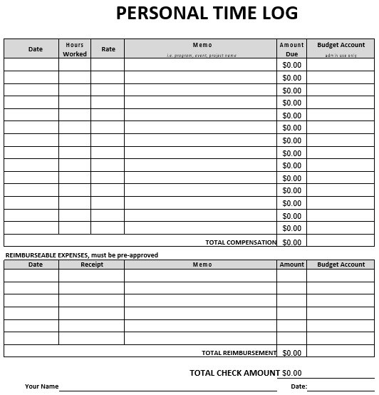 personal time log template
