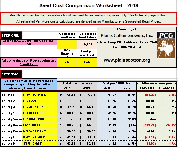 seed cost comparison worksheet