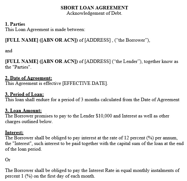 short family loan agreement template