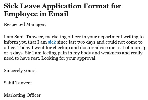 sick leave application format for employee in email