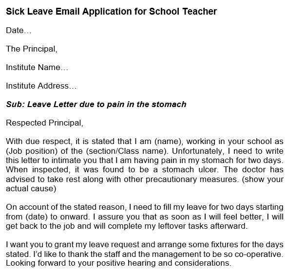 sick leave email application for school teacher