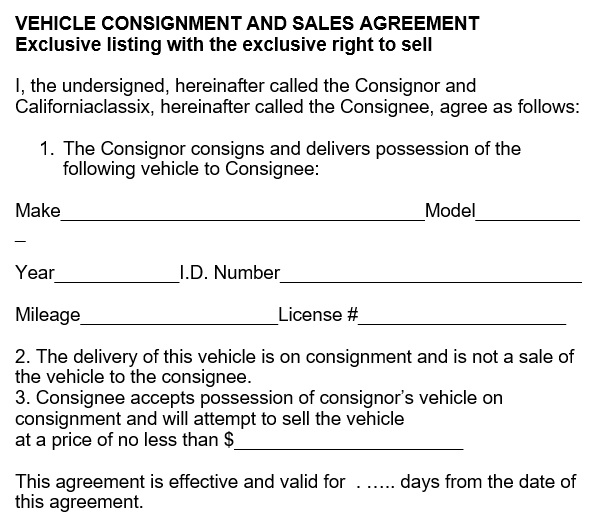 vehicle consignment and sales agreement template