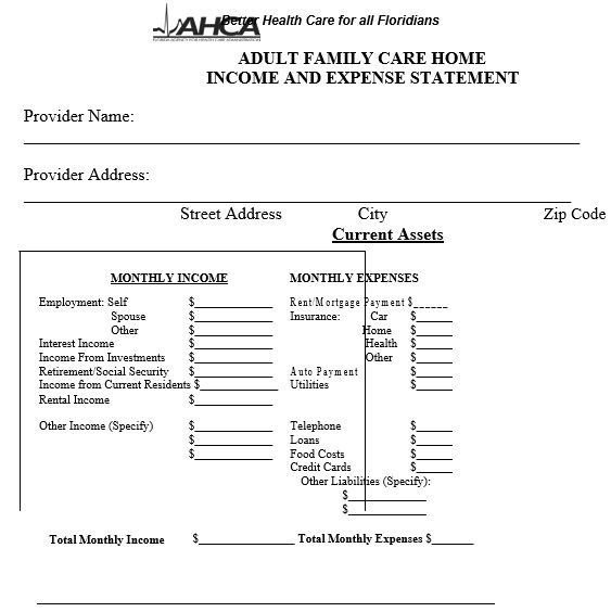 adult family care home income and expense statement template