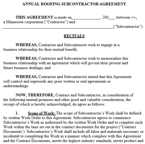 annual roofing subcontractor agreement template