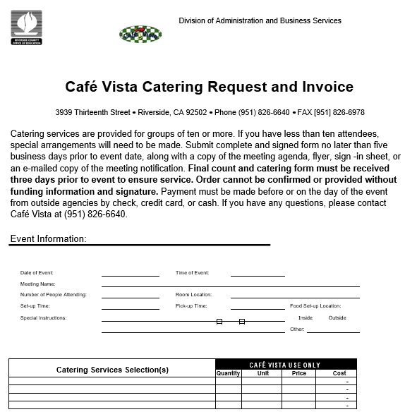 cafe vista catering request and invoice template
