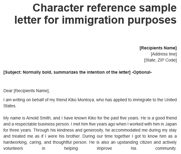 character reference sample letter for immigration purposes