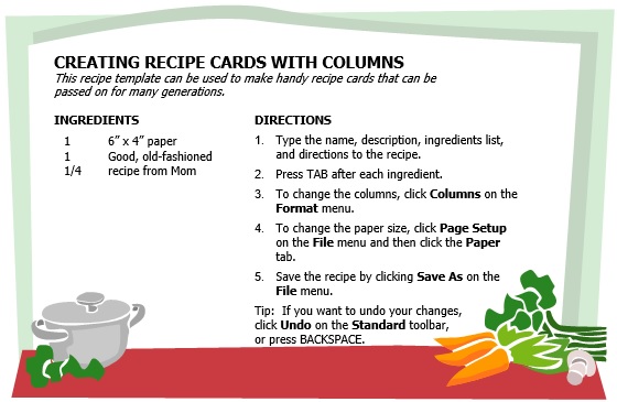 creating recipe card with columns