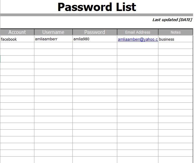 fillable password list template