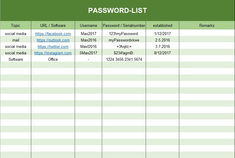 free password list template excel