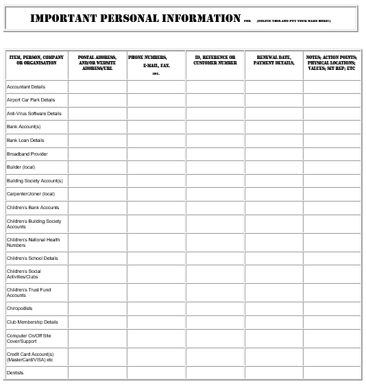free personal information form 2