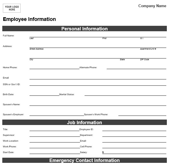 free personal information form 3